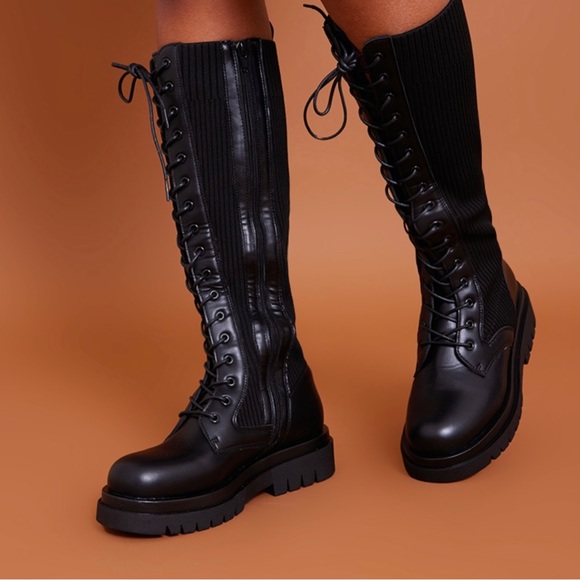 Black Pu Contrast Knitted Lace Up Knee Chunky Boots - Picture 2 of 11